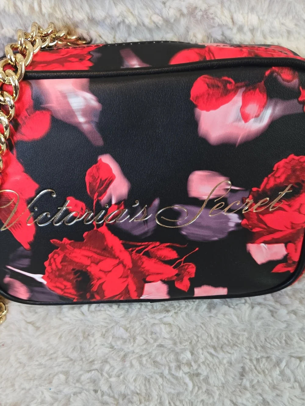 Victoria's Secret Black Crossbody with Red Floral Print and Gold Chain